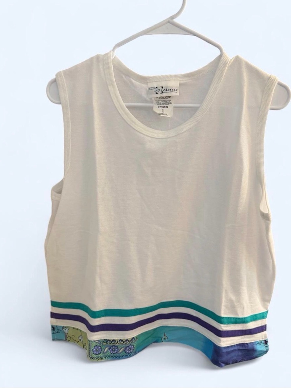 Vintage Marcia USA Made White Tank Top XL Teal Purple Stripe Floral Hem 90s